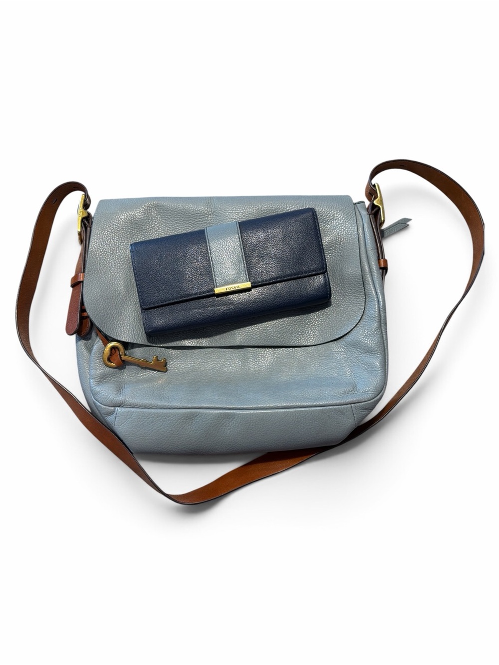 Fossil Crossbody Bag And Matching Wallet Blue Gray Leather Brown Straps Rare